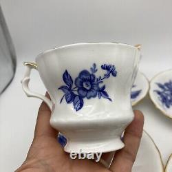 RARE Royal Windsor Tea Cups & Saucers Blue Gold Floral Roses England, SET OF 6