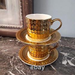 RARE Set Of 2 Cups And Saucers 10 Strawberry Hill Cairo Gold Diamond Pattern