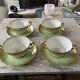 Rare Theodore Haviland Set Of 4 Bouillon Cups Saucers Green With Gold Trim