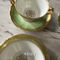 RARE Theodore Haviland Set of 4 Bouillon Cups Saucers Green With Gold Trim