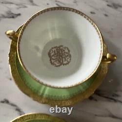 RARE Theodore Haviland Set of 4 Bouillon Cups Saucers Green With Gold Trim
