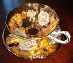 RARE! Vintage Queen Anne Gold Tea Cup & Saucer White Cabbage Roses