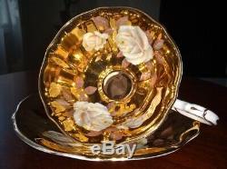 RARE! Vintage Queen Anne Gold Tea Cup & Saucer White Cabbage Roses