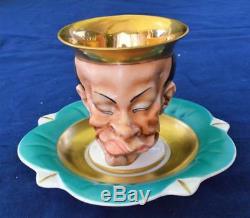 RARE WORK of ART Italy Porcelain Gold Inside Figural MEN'S FACE Set Cup & Saucer