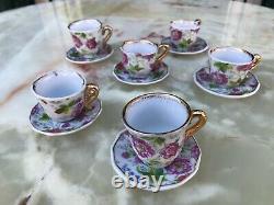 REFINED MINI SERVICE LIMOGES LIMONGES ROSE LINE GOLD CUPS & SAUCERS 24k