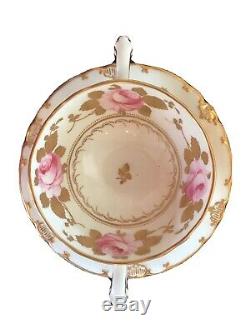 ROYAL CROWN DERBY Pink Rose & Gold Bouillon Footed Cup & Saucer Set Of 4 Tiffany