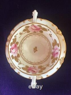 ROYAL CROWN DERBY Pink Rose & Gold Bouillon Footed Cup & Saucer Set Of 4 Tiffany