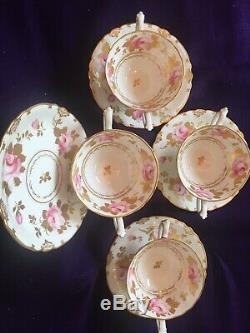 ROYAL CROWN DERBY Pink Rose & Gold Bouillon Footed Cup & Saucer Set Of 4 Tiffany