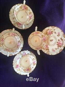 ROYAL CROWN DERBY Pink Rose & Gold Bouillon Footed Cup & Saucer Set Of 4 Tiffany