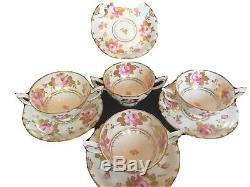 ROYAL CROWN DERBY Pink Rose & Gold Bouillon Footed Cup & Saucer Set Of 4 Tiffany