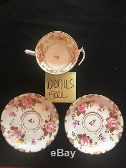 ROYAL CROWN DERBY Pink Rose & Gold Bouillon Footed Cup & Saucer Set Of 4 Tiffany