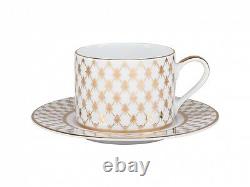 RUSSIAN Imperial Lomonosov Porcelain Set Tea Cup, Saucer, Teapot Net Jazz Gold