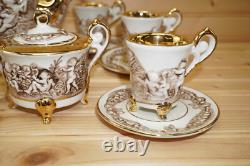 R. Copodimonte 17 Pc Tea Set Gold Cherubs- Pot-Cream-Sugar-Cups & Saucers (S32)