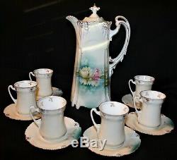 R S Prussia Reflecting Water Lily Chocolate Pot Footed 10 3/4 W 6 Cups Saucers