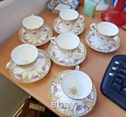 Rare Antique 6 x 1850-56 Ridgeway Neuilly cups and saucers Floral gold gilding