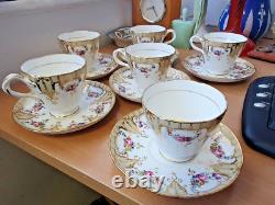 Rare Antique 6 x 1850-56 Ridgeway Neuilly cups and saucers Floral gold gilding