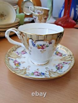 Rare Antique 6 x 1850-56 Ridgeway Neuilly cups and saucers Floral gold gilding