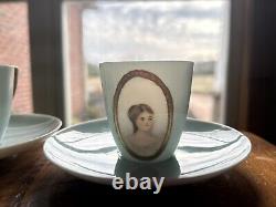 Rare Antique Belleek Lenox CAC, Set of 3 demi cups/saucers, painted portraits