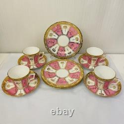 Rare Antique Crown Chelsea Pink & Gold Set of 4 Tea Cups & Saucers and 4 Plates