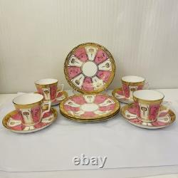 Rare Antique Crown Chelsea Pink & Gold Set of 4 Tea Cups & Saucers and 4 Plates