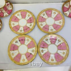 Rare Antique Crown Chelsea Pink & Gold Set of 4 Tea Cups & Saucers and 4 Plates