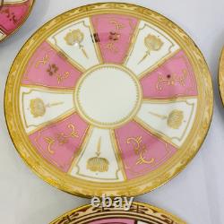 Rare Antique Crown Chelsea Pink & Gold Set of 4 Tea Cups & Saucers and 4 Plates