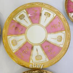 Rare Antique Crown Chelsea Pink & Gold Set of 4 Tea Cups & Saucers and 4 Plates