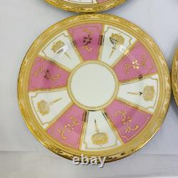 Rare Antique Crown Chelsea Pink & Gold Set of 4 Tea Cups & Saucers and 4 Plates