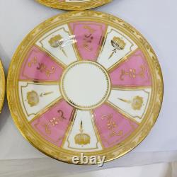 Rare Antique Crown Chelsea Pink & Gold Set of 4 Tea Cups & Saucers and 4 Plates