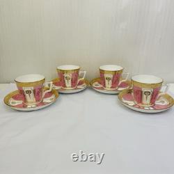 Rare Antique Crown Chelsea Pink & Gold Set of 4 Tea Cups & Saucers and 4 Plates