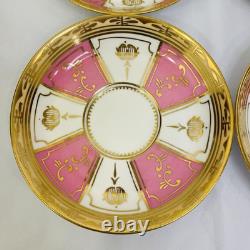 Rare Antique Crown Chelsea Pink & Gold Set of 4 Tea Cups & Saucers and 4 Plates