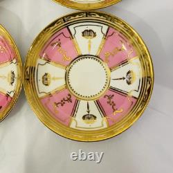 Rare Antique Crown Chelsea Pink & Gold Set of 4 Tea Cups & Saucers and 4 Plates