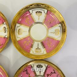 Rare Antique Crown Chelsea Pink & Gold Set of 4 Tea Cups & Saucers and 4 Plates