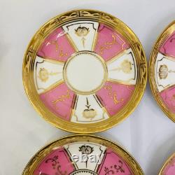 Rare Antique Crown Chelsea Pink & Gold Set of 4 Tea Cups & Saucers and 4 Plates