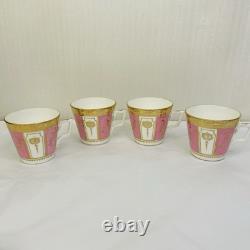 Rare Antique Crown Chelsea Pink & Gold Set of 4 Tea Cups & Saucers and 4 Plates