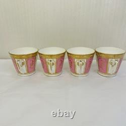 Rare Antique Crown Chelsea Pink & Gold Set of 4 Tea Cups & Saucers and 4 Plates