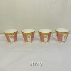 Rare Antique Crown Chelsea Pink & Gold Set of 4 Tea Cups & Saucers and 4 Plates