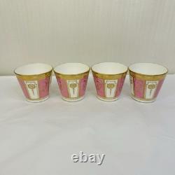 Rare Antique Crown Chelsea Pink & Gold Set of 4 Tea Cups & Saucers and 4 Plates