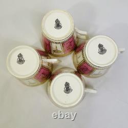 Rare Antique Crown Chelsea Pink & Gold Set of 4 Tea Cups & Saucers and 4 Plates