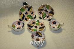 Rare Antique Gaudy Welsh Three Cups and Saucers Floral Gold Multicolour