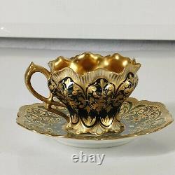 Rare Antique Helena Wolfsohn Dresden Hand Painted Raised Gold Cup Saucer Watteau