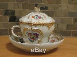 Rare Antique Meissen Richly Gilded & Floral Decorated Large Covered Cup & Saucer