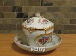 Rare Antique Meissen Richly Gilded & Floral Decorated Large Covered Cup & Saucer