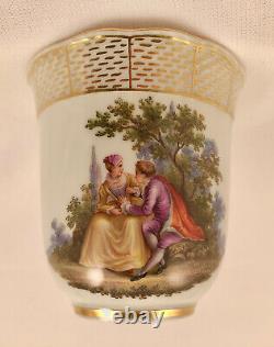 Rare Antique Meissen Scenic Coffee Cup & Saucer, Watteau Scenes, 18th C (B)