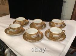 Rare Antique Set Of (6) Handpainted Jeweled Moriage Gilt Cups & Saucers Nr