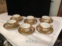 Rare Antique Set Of (6) Handpainted Jeweled Moriage Gilt Cups & Saucers Nr