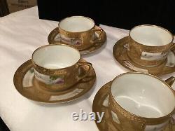 Rare Antique Set Of (6) Handpainted Jeweled Moriage Gilt Cups & Saucers Nr