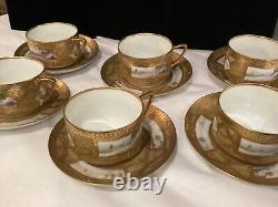 Rare Antique Set Of (6) Handpainted Jeweled Moriage Gilt Cups & Saucers Nr