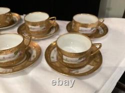 Rare Antique Set Of (6) Handpainted Jeweled Moriage Gilt Cups & Saucers Nr