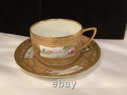 Rare Antique Set Of (6) Handpainted Jeweled Moriage Gilt Cups & Saucers Nr